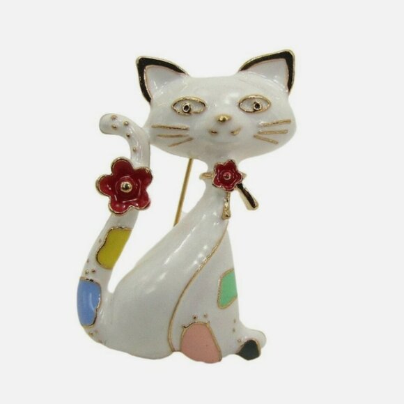 Cute Cat brooch pin in white enamel and multi color colorful spots and flower - Picture 3 of 5